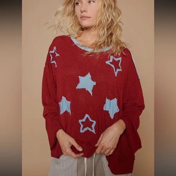 New POL Exposed Seam Star Denim Patch Round Neckline Relaxed Fit Sweater Red - Picture 4 of 5